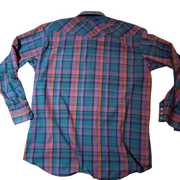 Vintage Men's XL Western Cowboy Shirt Wrangler 17.5-37 X-Long Tails Plaid Snap - Picture 4 of 7